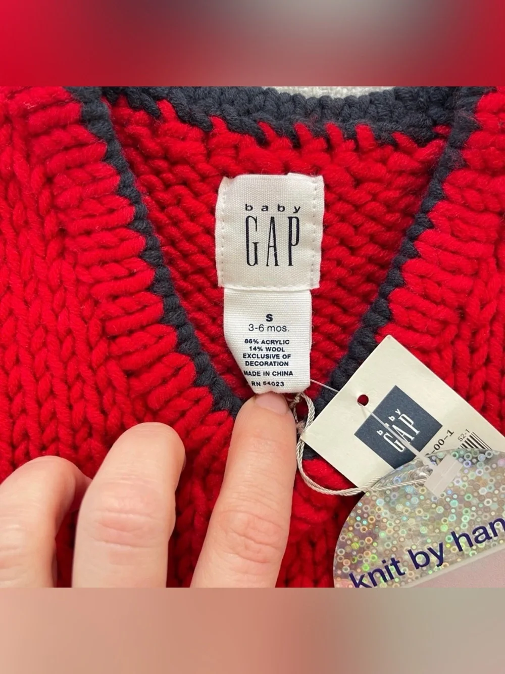 baby GAP Red and Navy Knit by Hand Vest with Navy Trim and Bear Design NWT